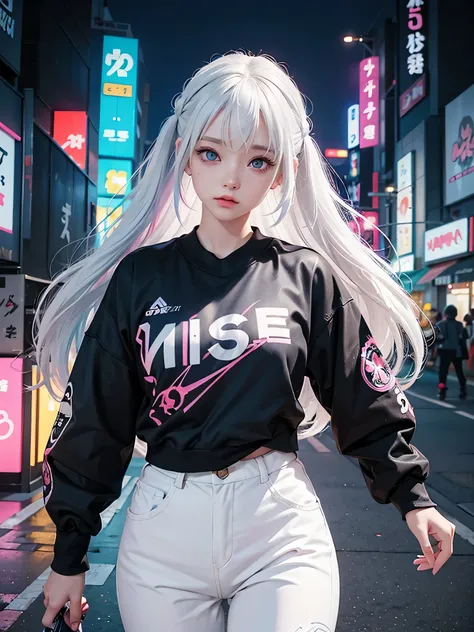 2 s,   neon white hair  ,   moonlight eyes  ,     ((  anime style  )),   hip-hop clothes inspired by Harajuku, soft colors,   background with neon ink splashes  , Soft stroke  , Night scene in Tokyo , 4K, holographic clothes ,   high resolution,  cyberpunk...