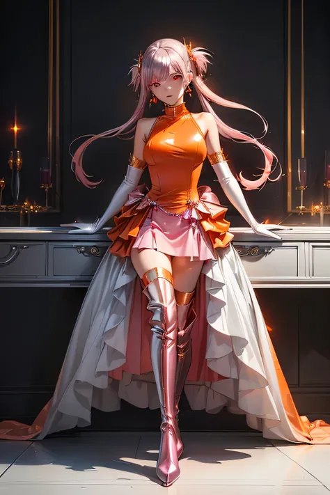  top quality , highest resolution,(((orange one-piece dress with metallic luster　 long skirt 　Silver Boots　 white opera gloves 　Shiny dark pink hair)))  Metal Max 2 Reloaded 　 long twin tail　Red Eye　 girl