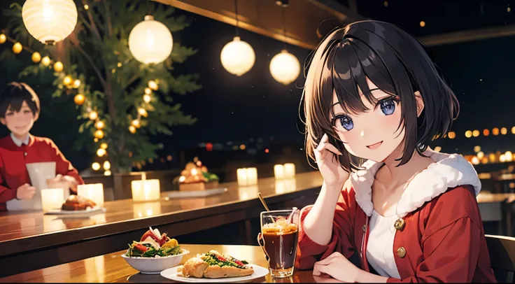  one girl、 Hair Shortcut、smile,Christmas date at night、meal、indoor