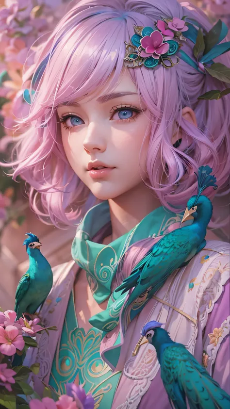 Girl with blue and pink hair and peacock feathers, Inspired by Heiwahiko, CGSociety, 🌺  anime style . 8k,  anime style  3D, Popular on cgstation, 8k high quality detail art,  Gouvez style artwork, Fantasy art style,  realistic anime 3d style ,  anime inspi...