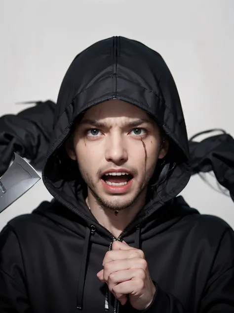 ((white background)) Photo of a young hacker wearing a black . from Indonesia, hoodie covering his head.. ,   realistic photo (1 man) ((A scary and mysterious man)) , holding a knife ((Shouting in fear:1.4)) ((black hoodie)) scream