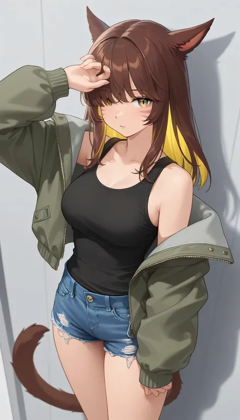 masterpiece,1girl, colored inner hair Brown hair Yellow hair , inner tank top, jacket ,Hair on one eye, Long hair tips, Miqote, damage short denim 