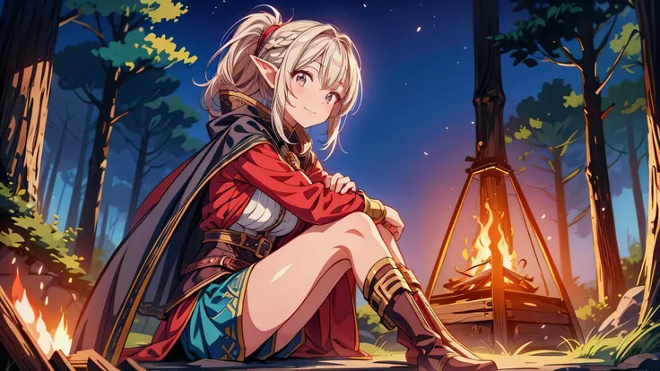 Female elf adventurer camping outdoors in a fantasy game world,  Drawn in Japanese anime style .  Shes sitting on a log near the campfire , Her long,  Flowing Hair in a Ponytail .  Shes wearing a medieval adventurer costume in leather armor 。, Cape, and bo...