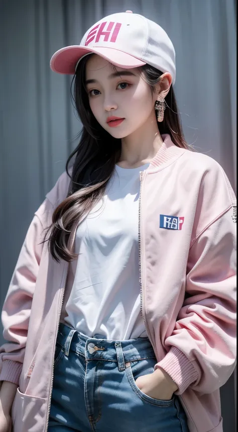 A beautiful Korean girl of 18 years old wearing a pink hijab with a thin smile wears a white T-shirt covered with a blue Levis jacket , wear a Golf cap, written gracefully like a 12k ratio fulhd model