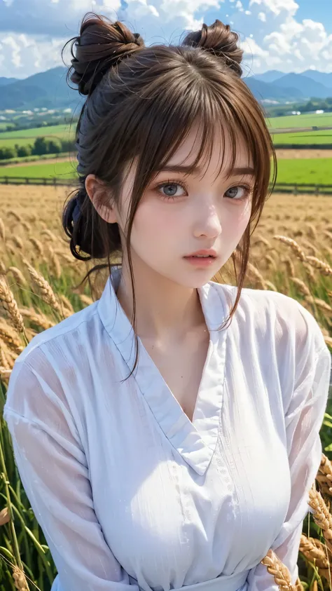 Neat and beautiful girl、 bun hair、bangs、 white Chinese clothes 、Moderate bust、Wheat field、 upper body、 cloudy sky、