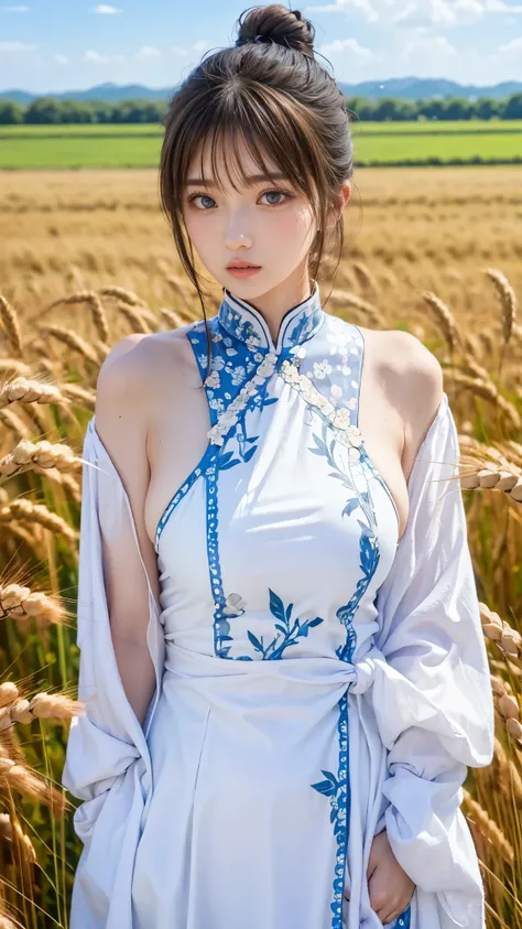 Neat and beautiful girl、 bun hair、bangs、 white Chinese clothes 、Moderate bust、Wheat field、 upper body、 cloudy sky、