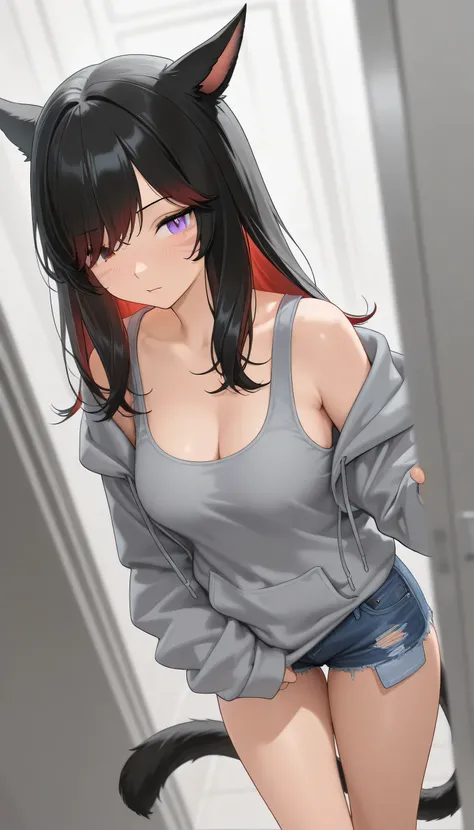 masterpiece,1girl, Miqote, colored inner hair Black hair red hair, gray oversized hoodie, Inner tank top , Hair on one eye, Long hair tips, nsfw, damage short denim