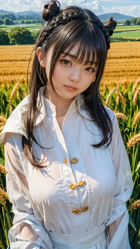 Neat and beautiful girl、 bun hair、bangs、 white Chinese clothes 、Moderate bust、Wheat field、 upper body、 cloudy sky、 Friendly Smiles 、 look at the viewer 、