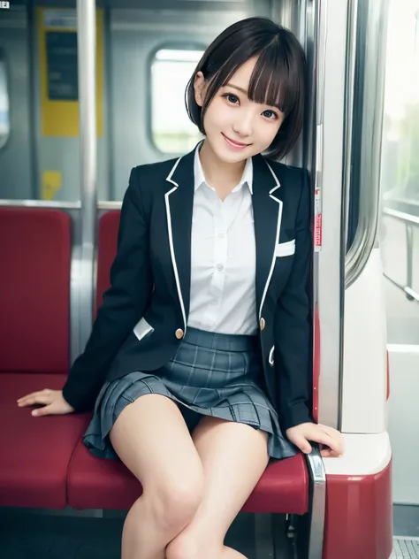   top quality  ,   Masterpiece ,  very detailed depiction、 super high res, (reality: 1.4), Original photo,  Perfect Anatomy、 One Girl ,  mature,  is super cute、JK uniform,  high school girl、 Shorthair、 check skirt to hold a dick、cute skirt and uniform 、Cut...