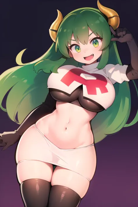 lum, oni, smile, horns, curvy, big breast,, smile, green hair, team rocket,team rocket uniform,white skirt,red letter R,crop top,black thigh-highs,black elbow gloves,sharpteeth,