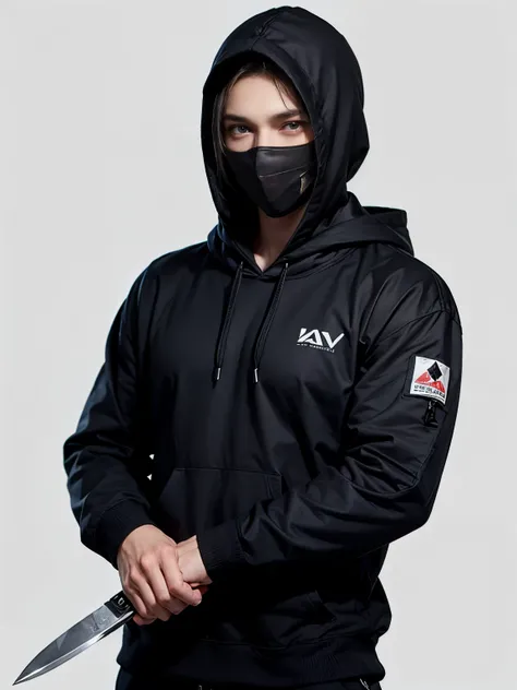 ((white background)) Photo of a young hacker wearing a black mask. from Indonesia, hoodie covering his head., Photo from the front. , Realistic photo.,  realistic photo (1 man) ((A scary and mysterious man)) , holding a knife ,black hoodie