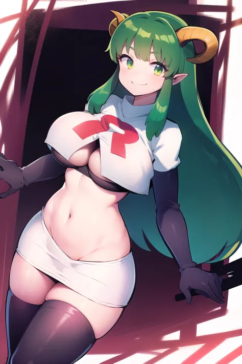 lum, oni, smile, horns, curvy, big breast,, smile, green hair, team rocket,team rocket uniform,white skirt,red letter R,crop top,black thigh-highs,black elbow gloves,sharpteeth,