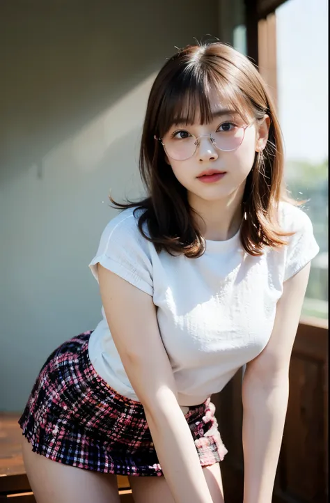 a girl wearing frameless round glasses, Leaning forward, brown hair, short bob with bangs, white camisole, smile, pink skirt in plaid skirt, embarrassed,blush, beautiful detailed eyes, beautiful detailed lips, extremely detailed eyes and face, long eyelash...