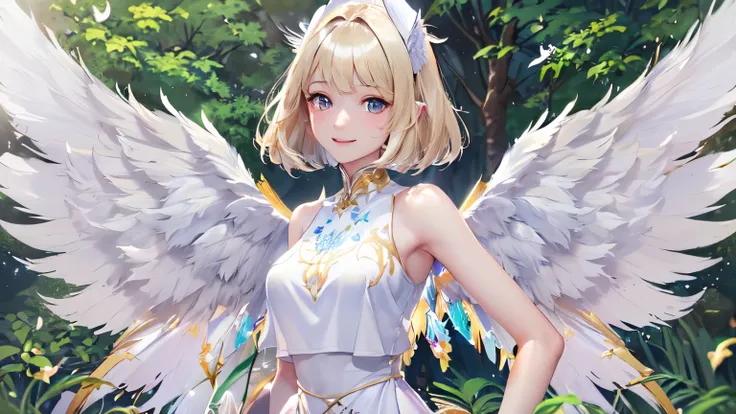 (8k,masterpiece, top quality ), standing looking straight ahead、((((((white big wings ))))))、( white sleeveless dress）、 short skirt length 、 BOB CUT HAIR,Blonde, detailed face ,smile,shy, slender body, detailed skin, beautiful eyes, middle of chest,Beautif...