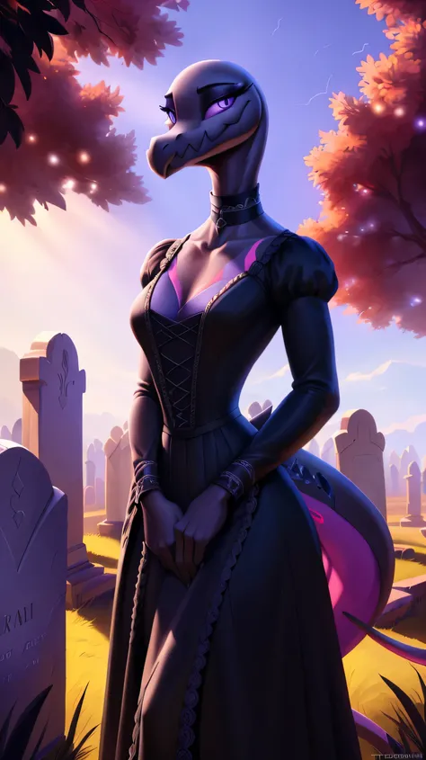 uploaded on e621, ((Salazzle)) by Pixelsketcher, by Bayard Wu, by Thomas Benjamin Kennington , by Einshelm, anthro, ((full body focus)), BREAK, ((dress:1.2)),wearing black victorian dress, long flowing dress, long sleeve victorian dress, dress flowing down...