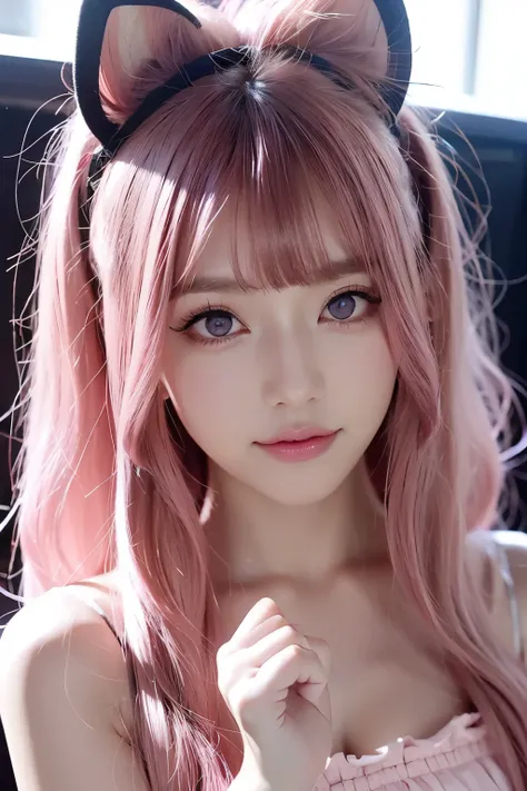 ((( pink eyes)))Dark pink hair(Curly hair in twin tails)Pink eyes like the eyes of a big cat((Bewitching beauty))角度の強いhanging eyes、(( Quiet pose with one finger on her lips )) large dark pink eyes with beautiful white skin 1Woman Smiling 、((hanging eyes)) ...