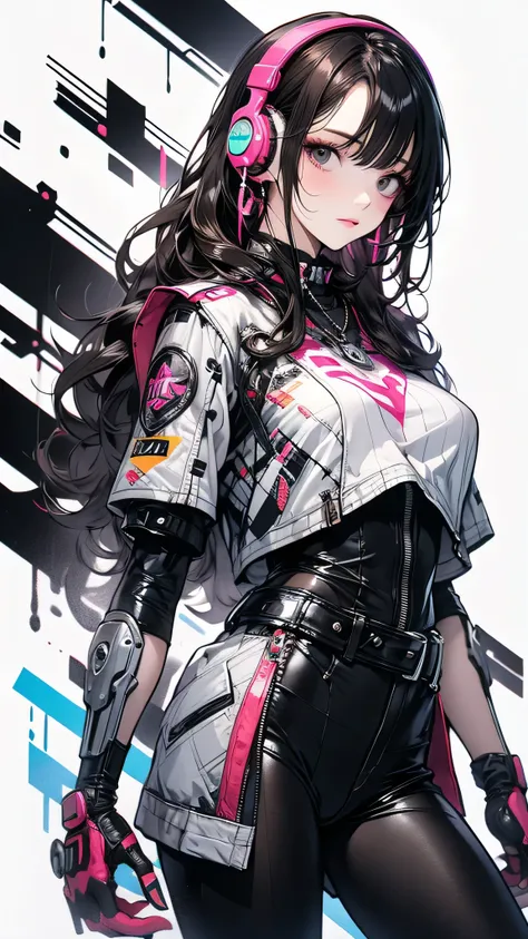 masterpiece,  top quality ,  high res,  One girl , Super  high res, Alone,  mecha pilot,   headphones, pink eye,  blue tights , Brown Hair,  white gloves,  cat earring ,  robot , Detailed Mechanism,  cockpit