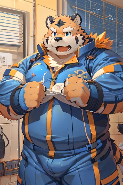 (  by Rusko   :1.3),(by Mok _Nameko:1.2),( darkroom),( by Gamma Chaos :1.2),(by hyduyad14:1.2),(author: Zixiong:1.1),( by Arashi Takemoto  ),(kemono:1.2),Tiger,Fat,( in her 20s),White eyebrow,  blue eyes ,( gray hair:0.8)sweat,(  Orange Fur  :1.1),Fat face...