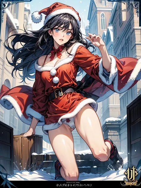 anime - style illustration of a woman in a see-through Santa costume, white panties, fantasy RPG video game character, official character art, full body, female action anime girl, sex Posing:1.5, cameltoe:1.7, (gleaming skin, oily skin, shiny skin, sweat:1...