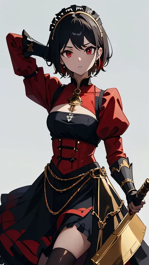 1girl, (2B), black hair, black with red tips hair, red eyes, blue sky, natural outdoors, black and gold and red boots, black and gold gloves, (((((earclip))))), using a earclip, (elegant earclip), black with gold and red details skirt, black with gold and ...