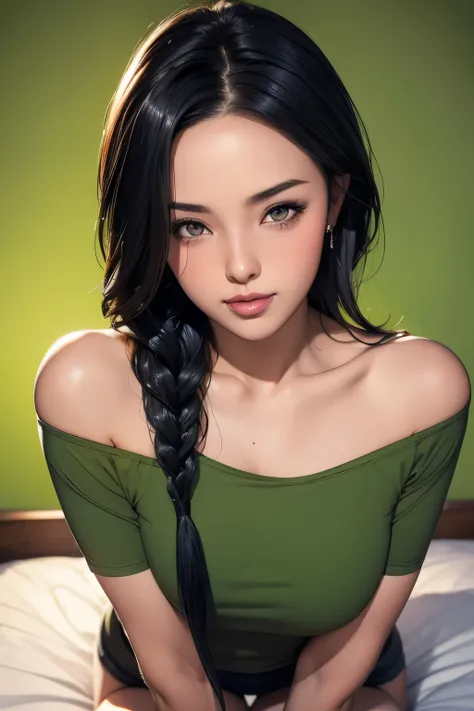 Amazing portrait of a sexy woman with her black hair in a single braid having a long forehead with seductive eyes and her lips parted smiling with the deepest blush wearing an off shoulder olive green t shirt and blue short shorts lying on the bed being ve...