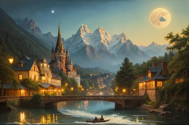  River Paintings with Ships and Full Moon 、 Ultra Fine Detailed Paintings by Sandor Bihari 、Tumbler、naive art、Russian folk fairy tales、 Slavic Folk Fairy Tales 、Dream landscape painting、 Magical Soviet Towns 、非常に首尾一貫した様式化された artwork、Intricate fantasy paint...