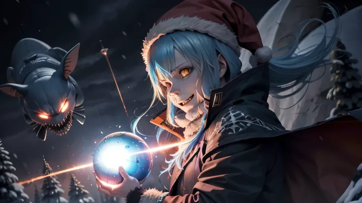 demon rimuru tempest from tensura, evil rimuru wearing a evil Christmas hat, evil smile, lunatic face, red eyes, laughing open mouse, blood, shark teeths, dark hell-themed environment, fire, 4k, ultra-detailed, photorealistic, intricate details, warm light...