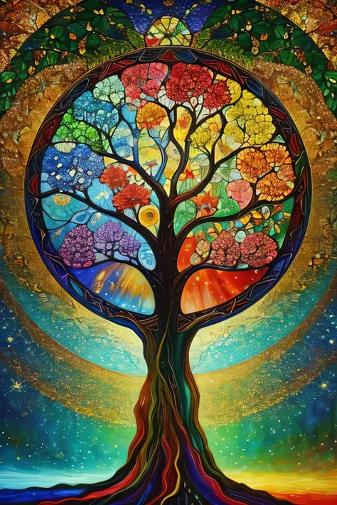   Paintings with Colorful Backgrounds and Circular Patterned Trees, Space Tree of life, Tree of Life seed of doubt,   sparkling stained glass background , the Tree of Life, Tree of Life inside the ball, Exquisite oil painting , Space Tree, world tree,  Vis...