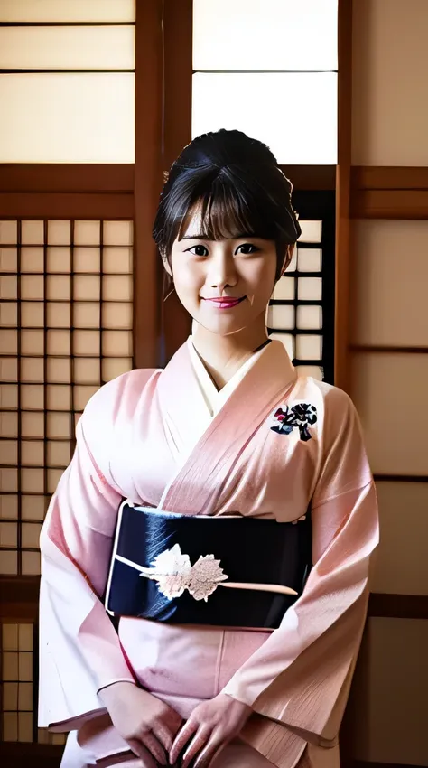 (( top quality )), (masterpiece), (( beautiful)), ((front)), ((seiza)), (( girl in kimono)),  black hair, Japanese-style room