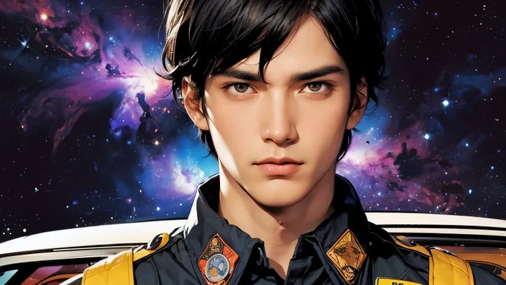 Upper body close-up image. A beautiful man. Detailed drawing of the face. Black hair. Late twenties. He is looking at the camera with a serious expression. He is wearing a taxi drivers uniform. Images of outer space and multi-universes in the space behind ...