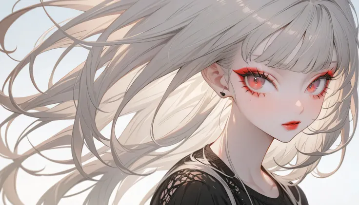 (Highest quality,Very detailed,High resolution:1.2),Albino beauty，Heavy bangs，Red Eyes，Long eyelashes, Casual clothing，Cool look, Exquisite makeup,