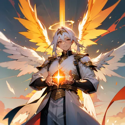 (masterpiece, best quality), young adult male of short stature, mature, white straight hair, blazing flaming eyes, (huge flaming angelic wings:1.2), sun power, wearing white costume, relaxed facial expression, fiery halo over head, ascension pose, daylight...