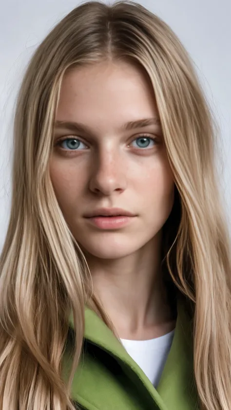 photo of a blonde girl, seventeen years old , large and pronounced bust, long straight hair, green eyes, with Purple and White Coat