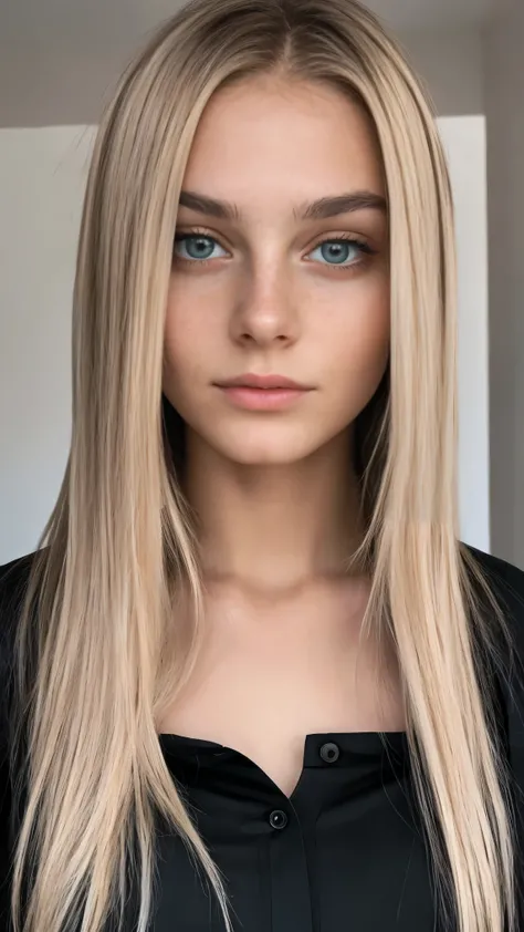 photo of a blonde girl, seventeen years old , large and pronounced bust, long straight hair, green eyes, with Black Blouse