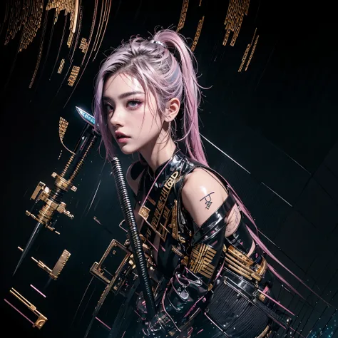  Top Quality 、Surreal、perfect anatomy、 wet and shiny white skin 、 Model Shape 、Full Body Sweat 、Tiny pages 、Ahegao、 cyberpunk city 、 black city techware、pink, Silver and gold hair 、  black micro bikini  、 neon lights、tattoo、Japanese Sword 、