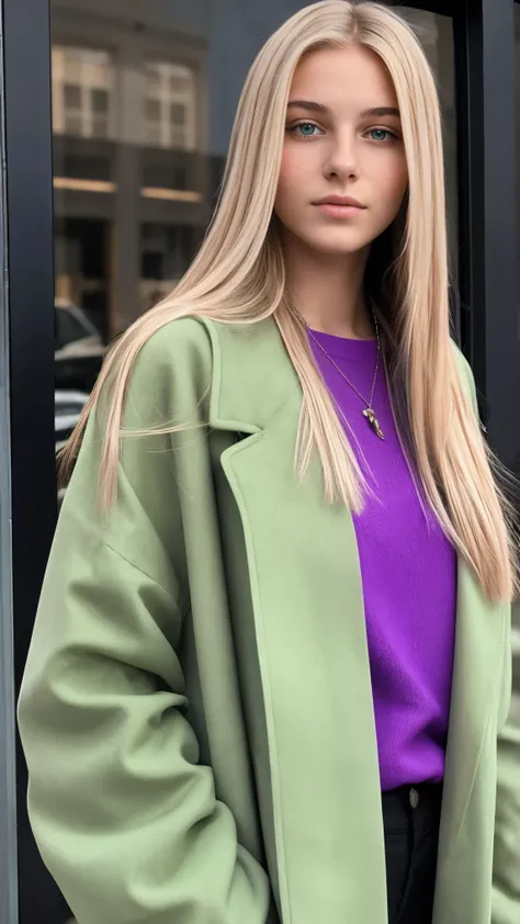 photo of a blonde girl, seventeen years old , large and pronounced bust, long straight hair, green eyes, with Purple Long-sleeved Coat 