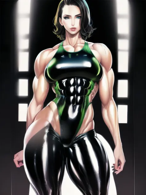 Realistic Yellow Tintin , Messy short black hair , Medium shot , thin skin , Details Body , muscular development , alone, Wear shiny latex leggings , average horoscope, Thick Thigh , wide hips , muscular development 手臂, they have many, bulging v...