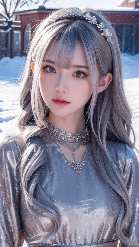 {{masterpiece}}, top quality , very detailed, very detailedなCGユニティ8Kの壁紙, illustrations,  One girl ,  red eyes,  wavy silver hair  ,  face details, full body high quality image yellow muffler,  dress,  necklace,  hair flower , snow, ice,  full body , shot, ...