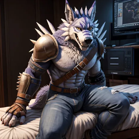4K, high resolution, best quality, perfect colors, perfect shadow, perfect lighting, posted on e621, solo, alone, ((jeans, kneepads:1.2, spikes on kneepads, chest armor:1.3, shoulder armor, realistic fur, detailed wolf eyes:1.3, wolf tail:1.3, weregarurumo...