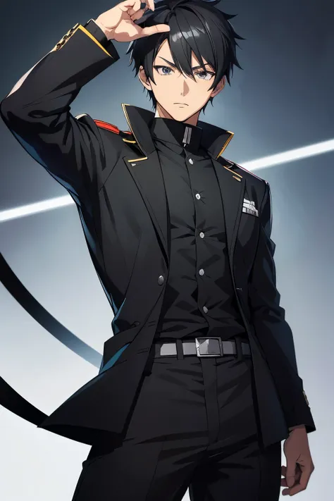 Anime-style image of a man wearing a black jacket and pants, Yamagata Kohei Windows ,  Sketch by , Gwaiz,  Male Anime Characters ,  Handsome Anime Pose ,  Soejima Shigenori illustration  ,  wear a black uniform ,  black military uniform,  Detailed Anime Ch...