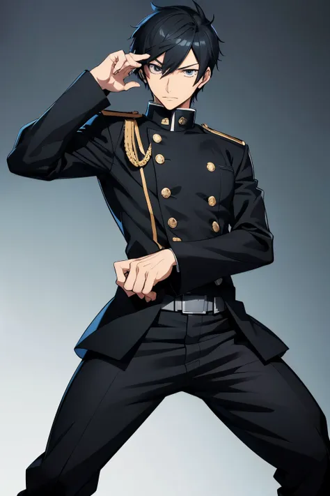 Anime-style image of a man wearing a black jacket and pants, Yamagata Kohei Windows ,  Sketch by , Gwaiz,  Male Anime Characters ,  Handsome Anime Pose ,  Soejima Shigenori illustration  ,  wear a black uniform ,  black military uniform,  Detailed Anime Ch...