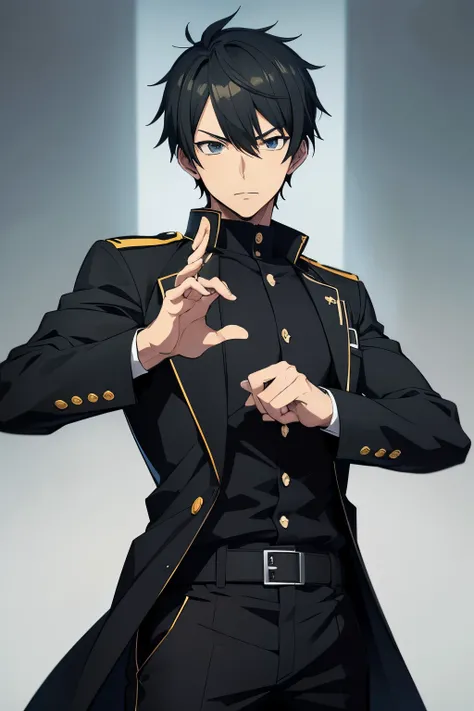 Anime-style image of a man wearing a black jacket and pants, Yamagata Kohei Windows ,  Sketch by , Gwaiz,  Male Anime Characters ,  Handsome Anime Pose ,  Soejima Shigenori illustration  ,  wear a black uniform ,  black military uniform,  Detailed Anime Ch...