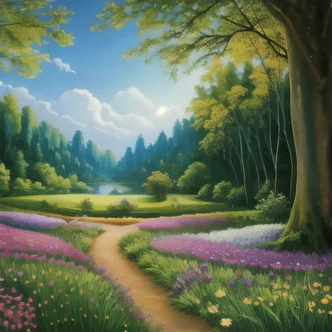 a painting of a forest with trees and flowers in the foreground, magical forest in the background, magical forest backround, enchanted and magic forest, enchanted magical fantasy forest, magical fantasy forest, fairytale forest, magic fairy forest, fantasy...