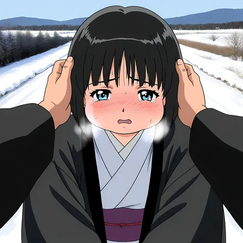 general,highres, ultra-detailed,very aesthetic,best quality ,best hands,  BREAK ShiroganeYuki, short hair, bob cut, black hair, light blue eyes, bangs, 2000s (style),anime coloring, 
1girl, solo, japanese clothes, white kimono, sad, black haori, photo back...