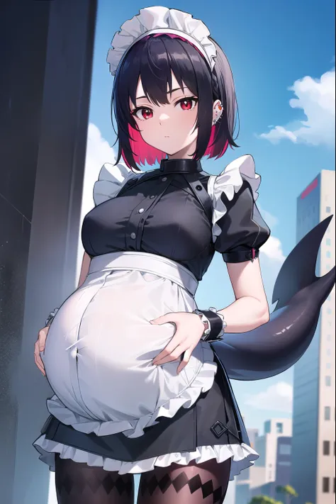 ellenjoe, ellen joe, black hair, colored inner hair, multicolored hair, (red eyes:1.3), red hair, short hair, two-tone hair,
BREAK bapron, black pantyhose, black shirt, black skirt, ear piercing, fins, fish tail, maid, maid apron, maid headdress, pantyhose...