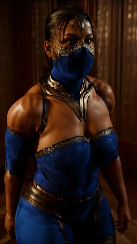 kitana, masterpiece, best quality, solo, 1girl, mask, brown eyes, looking at viewer, mouth mask, Hyperrealistic, covered mouth, large breasts, thick thighs, curvy hips, muscular, showing huge butt (Back view)