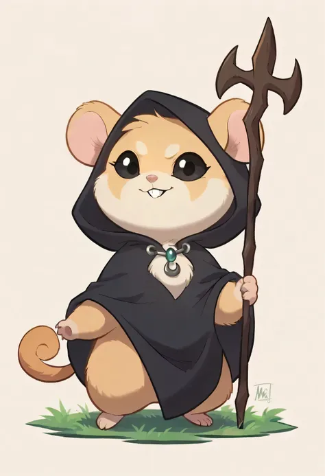 hamster figure , Iona, mage, hood, staff, (Iona:0.7), short stack , solo, bald, furs, fluffy turfs, chest turf, head turf, small, hamster teeth, hamster tail, 4 fingers, detail eyes, black eyes, black sclera, claw, black hood, black staff, portrait,feral,f...