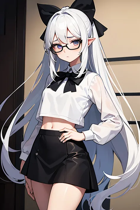 The character in the picture is an animated avatar with long white hair who has a black bow at the back of his head, wears black round glasses and has blushed cheeks. She is 18 years old and has a white complexion. The character wears a sexy black short to...