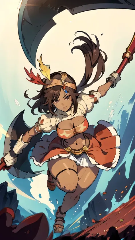 masterpiece, best quality, ff9lani, dark skin, bandana, feather hair ornament, turtleneck, cleavage, puffy sleeves, bandeau, ((red overskirt)), short shorts, gloves, large breasts, evil smirk, angry, from side, village, blue sky (thick thighs:1.6) ((wide h...