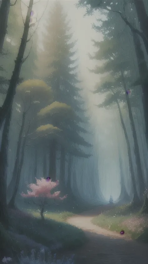 a painting of a forest with trees and flowers in the foreground, a matte painting by Gediminas Pranckevicius, flickr, fantasy art, magical forest in the background, magical forest backround, enchanted and magic forest, enchanted magical fantasy forest, mag...